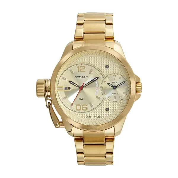 Seculus Masculino Aço Dual Time Dourado