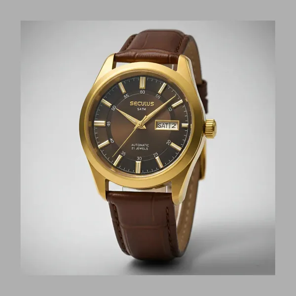 Seculus Masculino Automático Couro Marrom Dourado