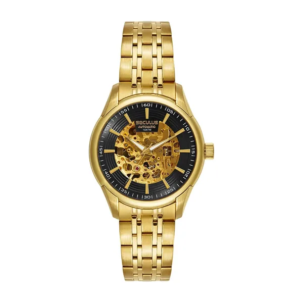 Seculus Masculino Automático Dourado Skeleton